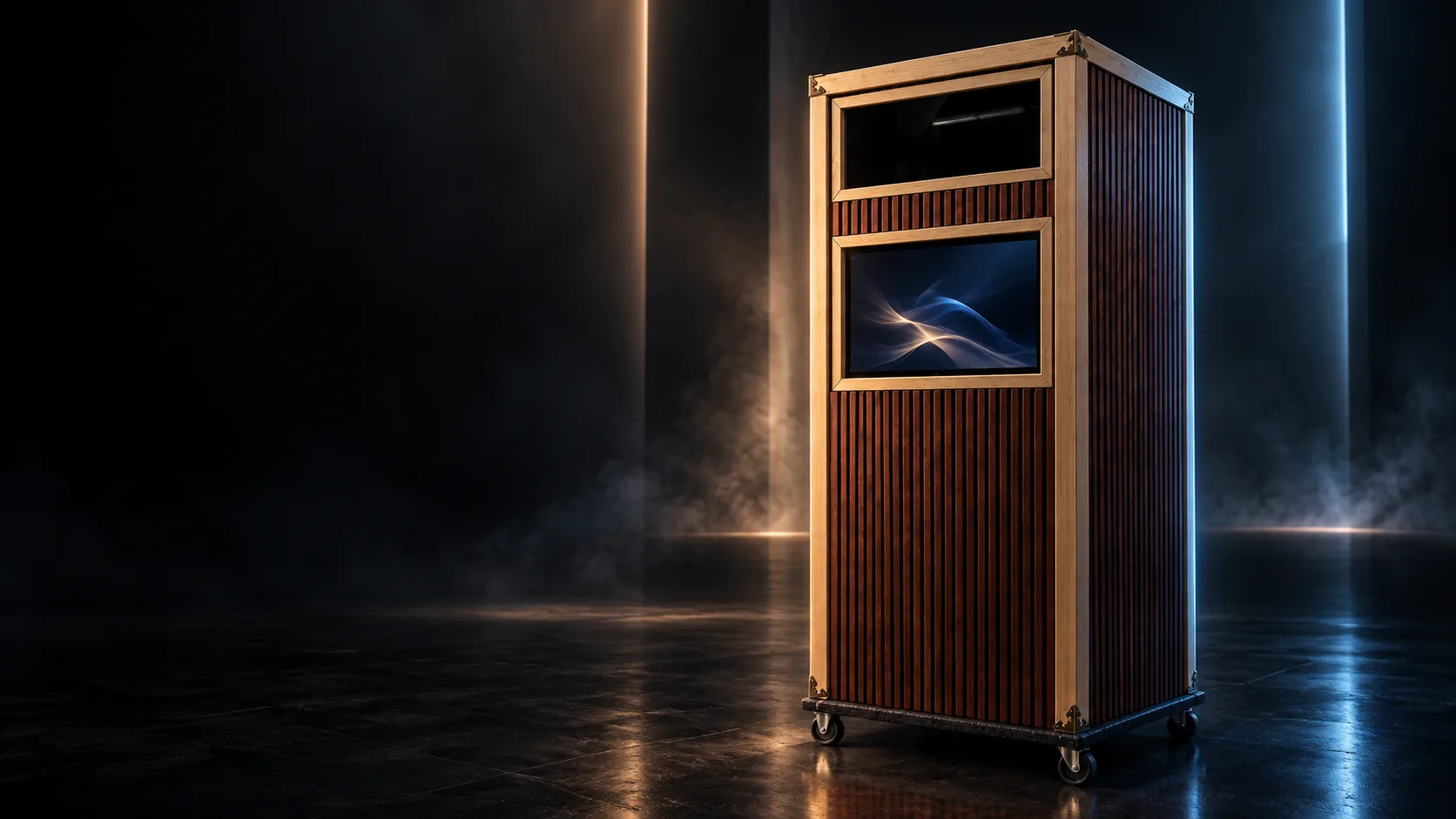 Photon wooden cabinet with front monitor and brass corners