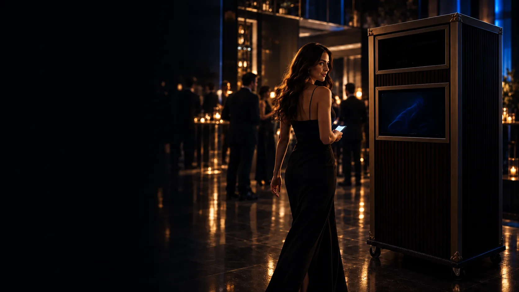 A woman passing by and looking back at the actual Photon booth, with her phone in hand